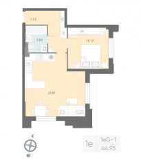 ЖК «Цивилизация на Неве», планировка 1-комнатной квартиры, 44.95 м²