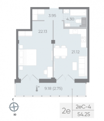 ЖК «Neva Residence», планировка 1-комнатной квартиры, 54.90 м²