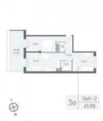ЖК «Neva Residence», планировка 2-комнатной квартиры, 61.90 м²