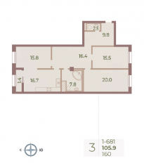 ЖК «Neva Haus», планировка 3-комнатной квартиры, 105.90 м²