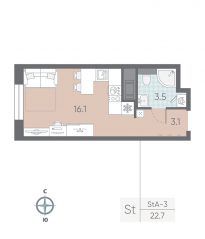 ЖК «ЛСР. Большая Охта», планировка студии, 22.70 м²