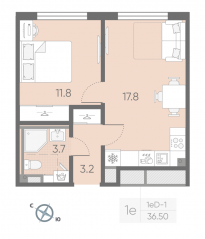 МЖК «Пулково Lake», планировка 1-комнатной квартиры, 36.50 м²