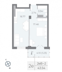 ЖК «Neva Residence», планировка 1-комнатной квартиры, 44.10 м²