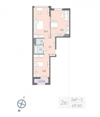 ЖК «Цивилизация на Неве», планировка 2-комнатной квартиры, 69.00 м²