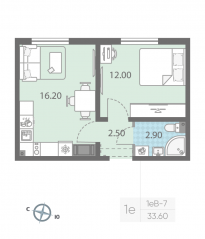 ЖК «ЛСР. Ржевский парк», планировка 1-комнатной квартиры, 33.60 м²