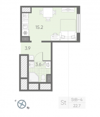 МЖК «Пулково Lake», планировка студии, 22.70 м²