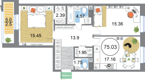 ЖК «Modum», планировка 2-комнатной квартиры, 75.03 м²