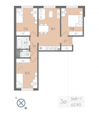 ЖК «Цветной город», планировка 3-комнатной квартиры, 63.90 м²