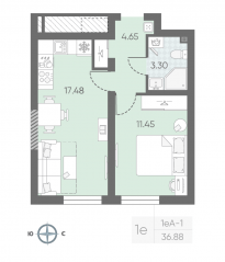 ЖК «Морская миля», планировка 1-комнатной квартиры, 37.04 м²