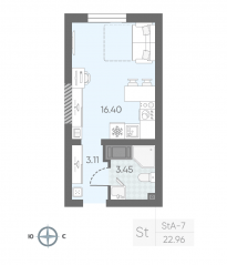 ЖК «Морская миля», планировка студии, 22.67 м²