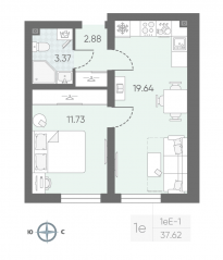 ЖК «Морская миля», планировка 1-комнатной квартиры, 37.80 м²
