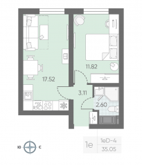 ЖК «Морская миля», планировка 1-комнатной квартиры, 35.15 м²