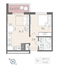 ЖК «Цветной город», планировка 1-комнатной квартиры, 31.60 м²