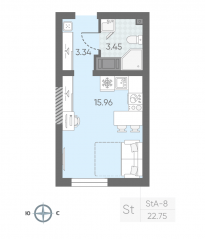 ЖК «Морская миля», планировка студии, 22.45 м²