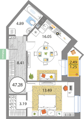 ЖК «Modum», планировка 1-комнатной квартиры, 47.28 м²