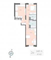 ЖК «Цивилизация на Неве», планировка 2-комнатной квартиры, 61.62 м²
