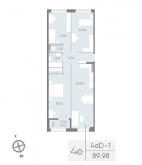 ЖК «Neva Residence», планировка 3-комнатной квартиры, 90.70 м²