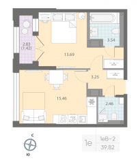 ЖК «Цивилизация на Неве», планировка 1-комнатной квартиры, 39.82 м²