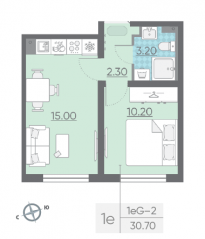 ЖК «Ручьи», планировка 1-комнатной квартиры, 30.70 м²
