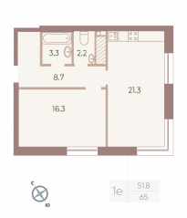 ЖК «Neva Haus», планировка 1-комнатной квартиры, 51.80 м²
