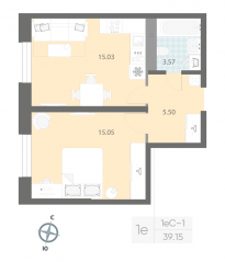 ЖК «Цивилизация на Неве», планировка 1-комнатной квартиры, 39.15 м²