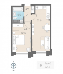 ЖК «ЛСР. Измайловский», планировка 1-комнатной квартиры, 43.70 м²