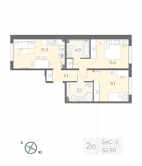 МЖК «Пулково Lake», планировка 2-комнатной квартиры, 53.90 м²