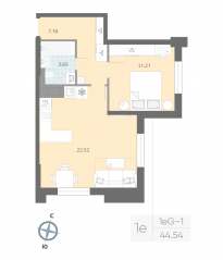ЖК «Цивилизация на Неве», планировка 1-комнатной квартиры, 44.54 м²