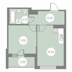 ЖК «БФА в Озерках», планировка 1-комнатной квартиры, 39.16 м²