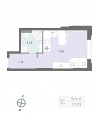 ЖК «Цивилизация на Неве», планировка студии, 20.91 м²