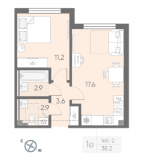МЖК «Пулково Lake», планировка 1-комнатной квартиры, 38.20 м²