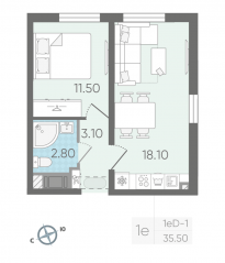 ЖК «Октябрьская набережная», планировка 1-комнатной квартиры, 35.50 м²