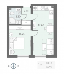 ЖК «Морская миля», планировка 1-комнатной квартиры, 37.06 м²