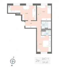 ЖК «Цивилизация на Неве», планировка 2-комнатной квартиры, 59.65 м²