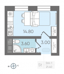 ЖК «ЛСР. Ржевский парк», планировка студии, 21.40 м²