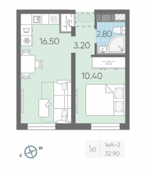 ЖК «Октябрьская набережная», планировка 1-комнатной квартиры, 32.90 м²
