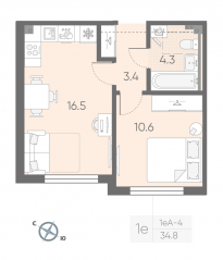 МЖК «Пулково Lake», планировка 1-комнатной квартиры, 34.80 м²