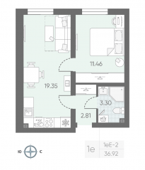 ЖК «Морская миля», планировка 1-комнатной квартиры, 37.08 м²