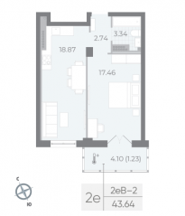 ЖК «Neva Residence», планировка 1-комнатной квартиры, 44.20 м²