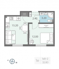 ЖК «ЛСР. Ржевский парк», планировка 1-комнатной квартиры, 32.80 м²