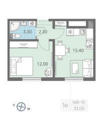 ЖК «ЛСР. Ржевский парк», планировка 1-комнатной квартиры, 33.00 м²