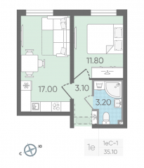 ЖК «Октябрьская набережная», планировка 1-комнатной квартиры, 35.10 м²