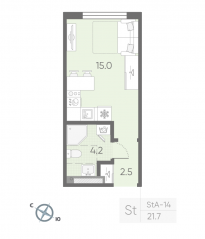 МЖК «Пулково Lake», планировка студии, 21.70 м²