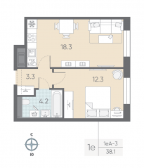 ЖК «ЛСР. Большая Охта», планировка 1-комнатной квартиры, 38.10 м²