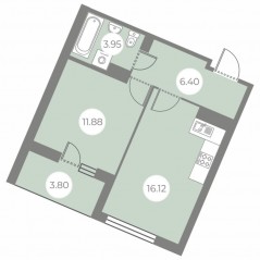 ЖК «БФА в Озерках», планировка 1-комнатной квартиры, 40.25 м²