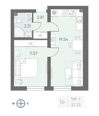 ЖК «Морская миля», планировка 1-комнатной квартиры, 37.32 м²