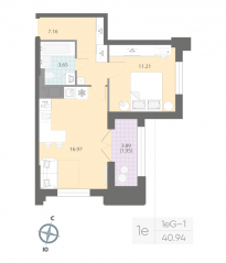 ЖК «Цивилизация на Неве», планировка 1-комнатной квартиры, 40.94 м²
