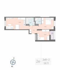 ЖК «Цивилизация на Неве», планировка 2-комнатной квартиры, 58.11 м²