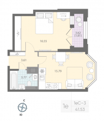 ЖК «Цивилизация на Неве», планировка 1-комнатной квартиры, 41.53 м²