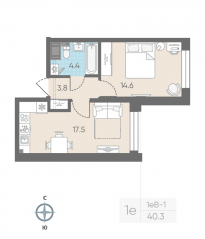 ЖК «ЛСР. Измайловский», планировка 1-комнатной квартиры, 40.30 м²